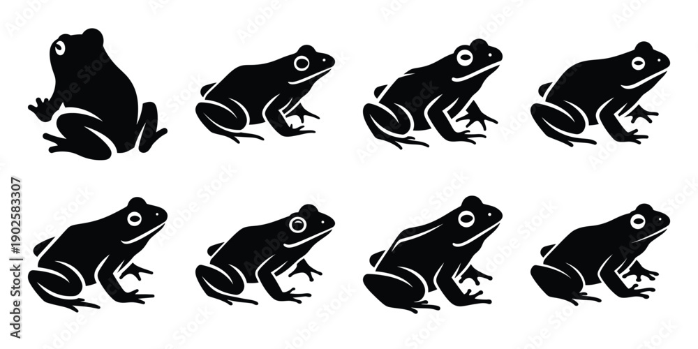 Fototapeta premium Set of silhouette frog in various poses isolated on background. Animal Vector elements for design.
