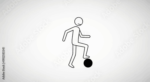 Stick figure with one foot resting on a black soccer ball, isolated white background.