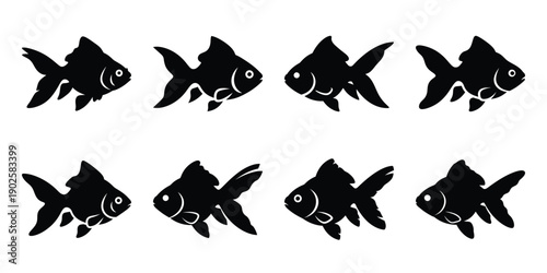 Set of silhouette goldfish in various poses isolated on background. Animal Vector elements for design.