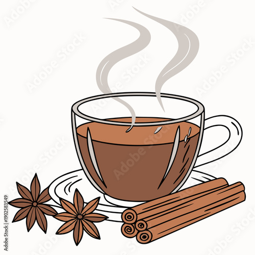 Glass cup of warm brown tea with cinnamon sticks and star anise