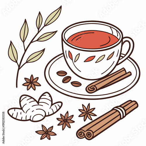 Cup of red tea with cinnamon ginger and star anise