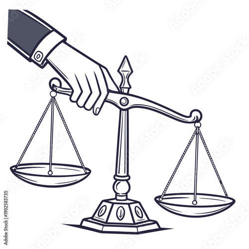 Hand controlling balance scale with two empty plates