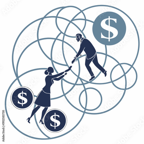 Abstract finance equilibrium concept with human figures and dollar signs