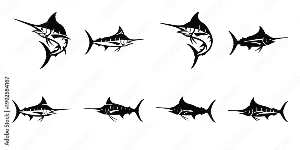 Fototapeta premium Set of silhouette marlin in various poses isolated on background. Animal Vector elements for design.