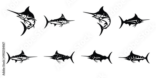 Set of silhouette marlin in various poses isolated on background. Animal Vector elements for design.