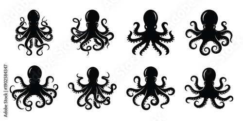 Set of silhouette octopus in various poses isolated on background. Animal Vector elements for design.