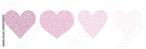 Pink glitter heart vector set. Soft pastel sparkle textures in a clean horizontal row. Romantic decorative icons for invitations and branding.