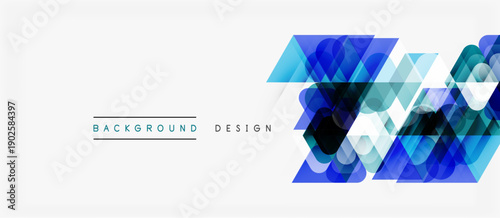 Abstract geometric shapes create modern background. Blue hues dominate design, offering sleek visual appeal. Minimalist style.