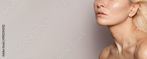 Radiant Skin Showcase. Model With Luminous Complexion. Portrait Of Confident Woman Highlighting Skincare Qualities. Closeup Of Blonde Woman Revealing Natural Beauty And Skincare Glow, Cosmetic Brand