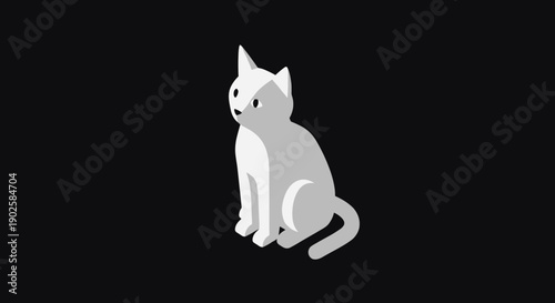 Stylized White Cat Sitting Gracefully Isolated on Black.