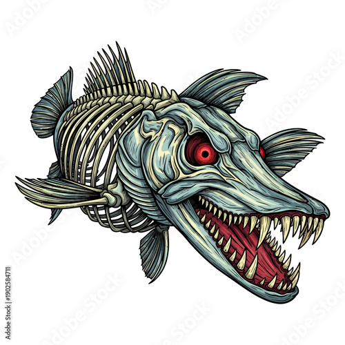Pike skeleton fish with red eyes in vintage tattoo style illustration isolated on white background