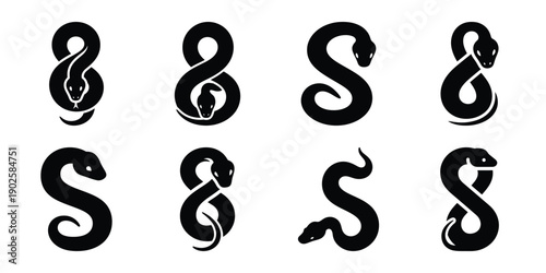 Set of silhouette python in various poses isolated on background. Animal Vector elements for design.