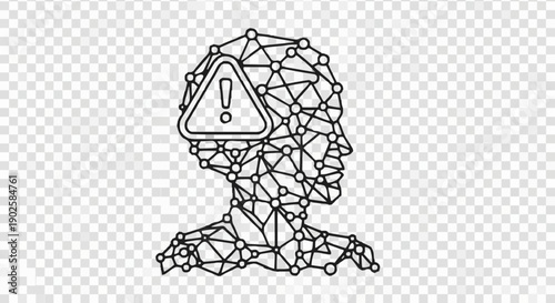 Abstract polygonal head silhouette with an exclamation mark inside a warning triangle, representing a concept of artificial intelligence, cyber security, or digital awareness and data protection