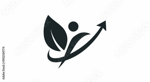 Dynamic abstract icon blending a stylized human figure with a fresh leaf and an upward progress arrow, symbolizing health, natural growth, and sustainable well-being
