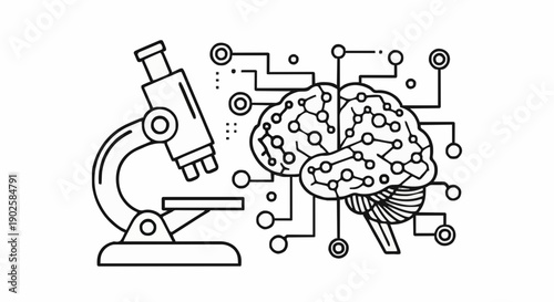 Microscope and networked brain icon, symbolizing scientific research into neuroscience, cognitive function, and artificial intelligence development for advanced understanding