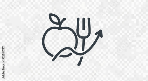 Simple vector icon illustrating the positive impact of healthy eating habits, featuring a stylized apple, a fork, and an upward arrow symbolizing nutritional progress and wellness growth