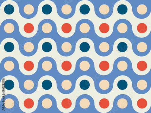 Seamless geometric retro vintage pattern in blue. Graphical shapes of waves and circles. Bauhaus style pattern design.  Repeated design for packaging, decorating, interior design, wallpapers, banners.