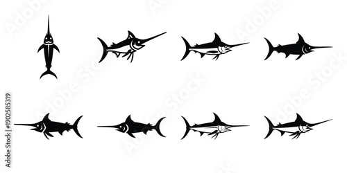 Set of silhouette swordfish in various poses isolated on background. Animal Vector elements for design.