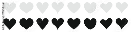 Heart icon set vector. Black and white love symbols in clean rows. Minimal monochrome design for UI and print use.