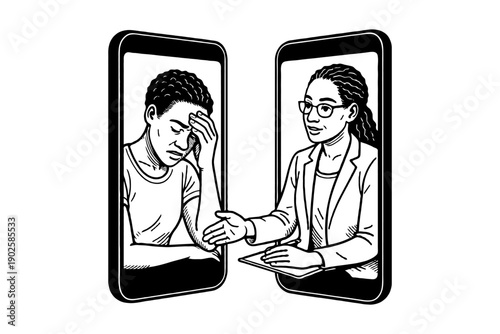 A distressed woman and a therapist having a remote therapy session through smartphones, hand-drawn style, on white background, concept of mental health support