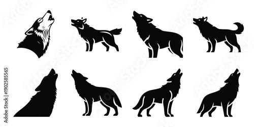 Set of silhouette wolf in various poses isolated on background. Animal Vector elements for design.