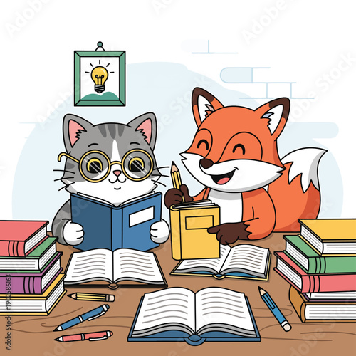 Cat and Fox Studying Together