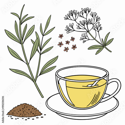 Herbal tea concept with green leaves and flowers cup of tea