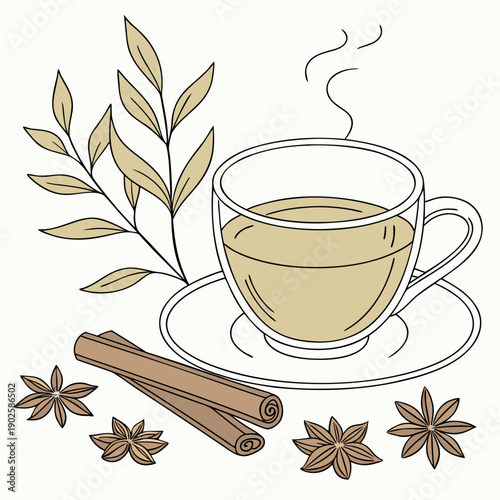 Herbal tea still life with glass cup and spice spices