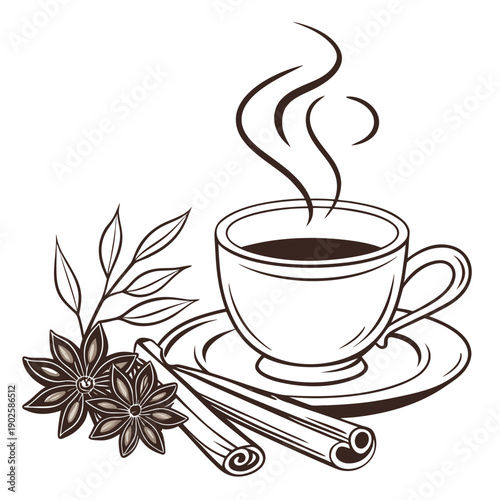 Steaming cup of herbal tea with cinnamon sticks and flowers