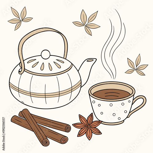 Traditional herbal tea setup with kettle cup cinnamon and star anise