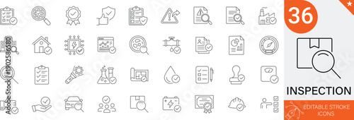 Inspection Icons Set. Quality Control, Checklist, Audit, Verification, Compliance, Search, Assessment, Standard. 36 Professional Line Icons with Editable Stroke. Ideal for Industrial Projects.