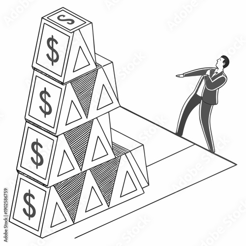 Man in business attire pushing large stack of money blocks