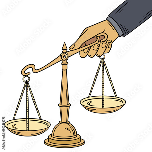 Human hand activating golden balance scale hand activating scale