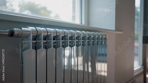 Modern heating radiator installed under window in a room with natural light