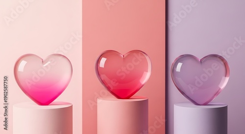 Wallpaper Mural Three heart-shaped glass objects illuminated on white pedestals against pastel backgrounds Torontodigital.ca
