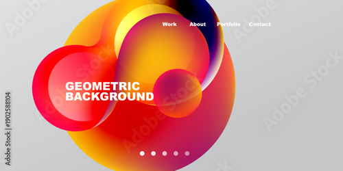 Abstract fluid shapes, vibrant colors, dark background. Navigation menu present, dots indicate sections. Modern design elements visible.