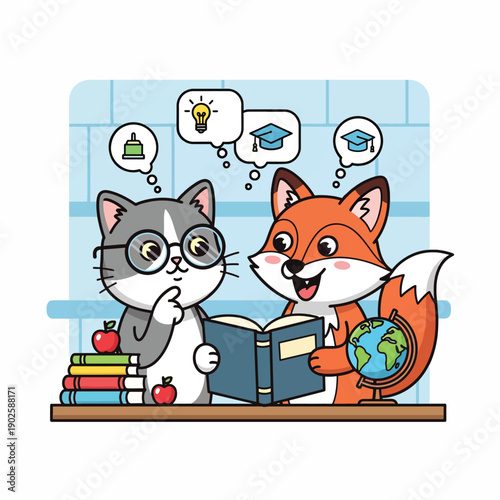 Cat and Fox Studying Together