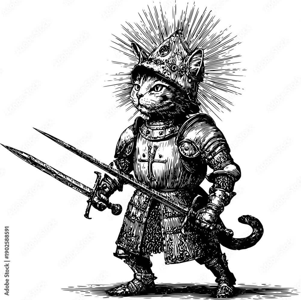 Obraz premium The cat knight is holding two long swords and has a visible curved tail.