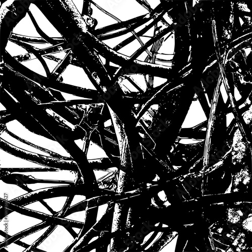 A high-contrast black-and-white ink illustration of thick, tangled, and thorny vines or branches overlapping in a chaotic, dense thicket.