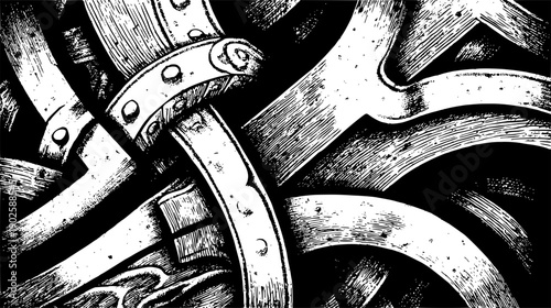 A high-contrast black-and-white ink illustration featuring thick, overlapping curved bands or straps made of textured metal, some held together by rivets or studs.