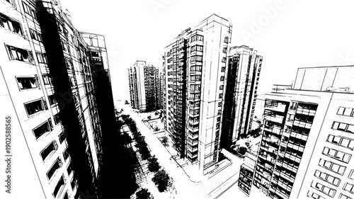 A high-contrast black-and-white ink illustration of a dense urban environment featuring several multi-story modern apartment buildings viewed from an elevated perspective.