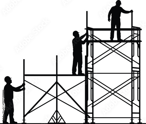 Construction workers silhouettes, scaffolding assembly, teamwork activity, industrial labor, building site, safety equipment, repair maintenance, manual tasks, black white illustration