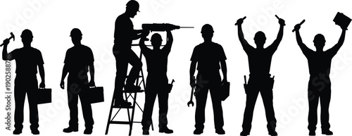 Construction workers silhouettes, hand tools, toolbox, ladder work, teamwork activity, industrial labor, building site, repair maintenance, black white illustration, workforce representation