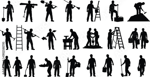 Construction workers silhouettes, manual labor, building site, industrial tools, teamwork activity, scaffolding tasks, heavy equipment, urban development, black white illustration, workforce 