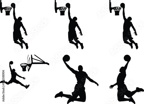 Basketball players dunking and playing, silhouette collection