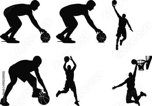 Basketball player silhouettes dribbling, shooting, and dunking