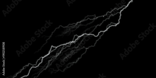 Massive lightning bolt with branches isolated on black background. Dark textured leather wall with vintage grunge pattern. Massive lightning bolt with branches isolated on black background.