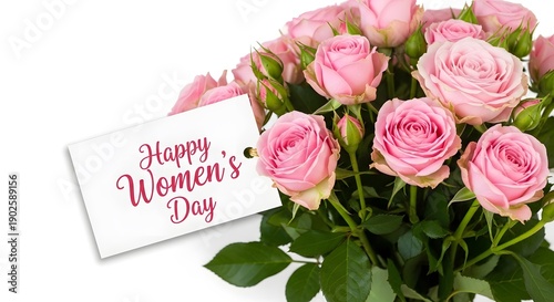 Happy women's day bouquet of pink roses with greeting card