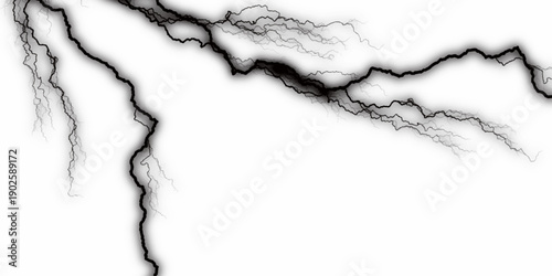 Massive lightning bolt with branches isolated on black and white background. Dark textured leather wall with vintage grunge pattern. Massive lightning bolt with branches isolated on white background.