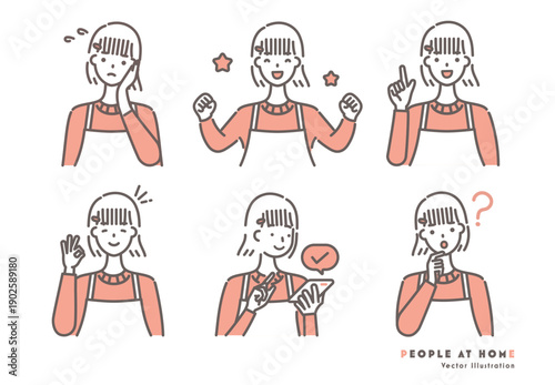 エプロン姿の女性のイラストセット 赤色のツートーン